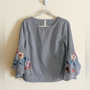 Allison Jay‎ Striped Blouse embroidered floral bell sleeve S